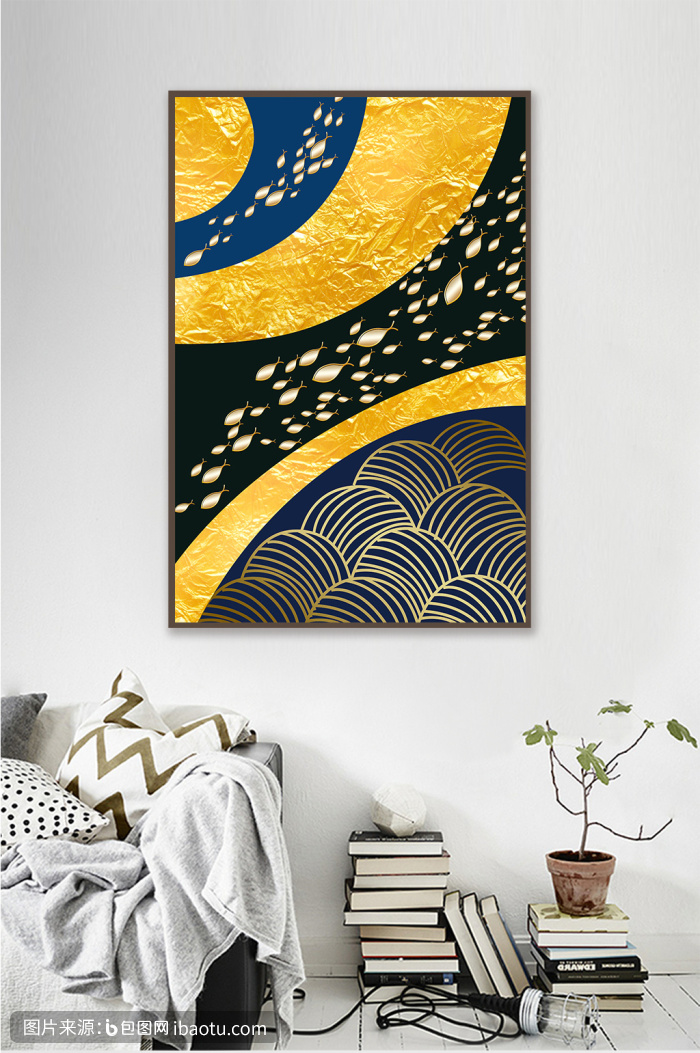 抽象金色系金箔海浪鱼群装饰画